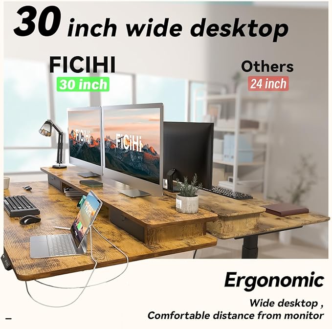 FiCiHi Adjustable Height Standing Desk with 4 Drawers63 x 30 inches Electric Sit Stand Home Office Desk with Two Tiers 3 Memory Presets Monitor Stand Riser USB A/C Charging Port