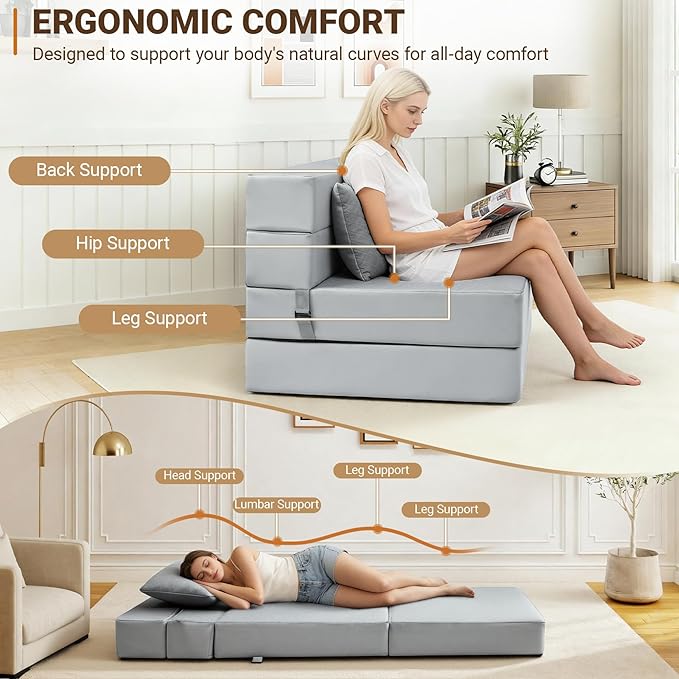 BeBen Folding Sofa Bed Boneless Foldable Chair Bed Convertible Futon Sleeper Chair Couch Twin Lazy Floor Lounger Sofa Couch for Small Spaces Dorm Guest Room Living Room Apartment Grey