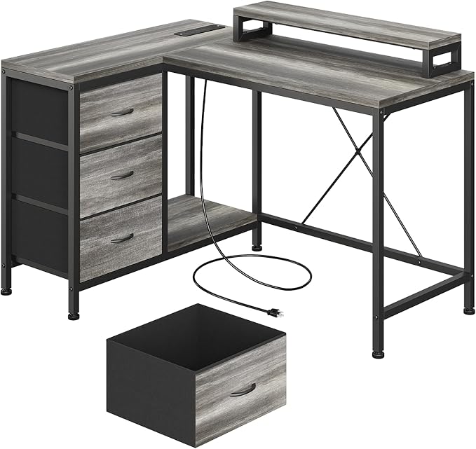 Garvee L Shaped Computer Desk with Power Outlets LED Lights Drawers Shelves Corner Gaming Desk Home Office Workstation Modern Ergonomic Design Oak