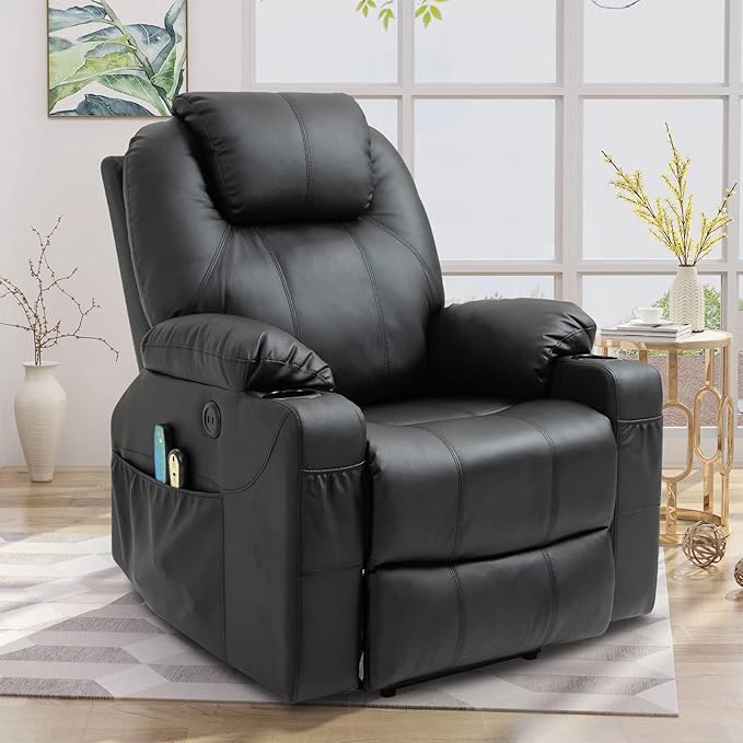 Electric Power Lift Recliner Chair with Heat and Massage Lift Recliner for Elderly Single Sofa recliners for Living Room with Cup Holders 4 Pockets USB Ports Faux Leather (Black)