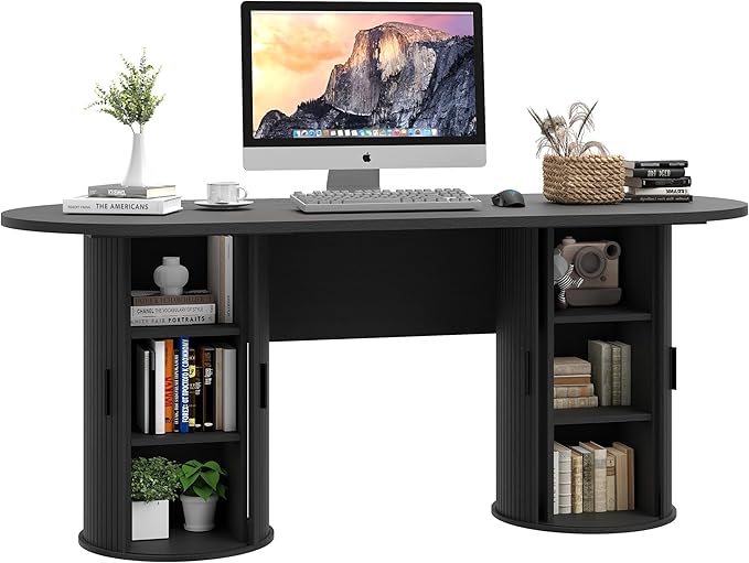 blini Executive Office Desk with Storage Fluted Wood Computer Desks with 2 Sliding Doors Mid Century Modern Oval Writing Table for Home Office Study Room Living Room