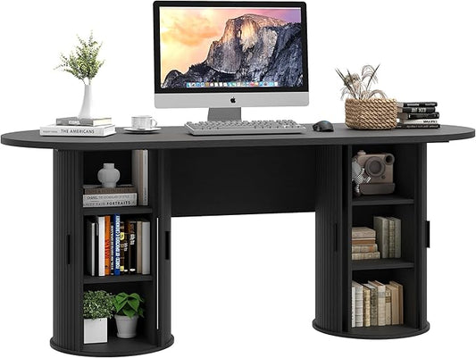 blini Executive Office Desk with Storage Fluted Wood Computer Desks with 2 Sliding Doors Mid Century Modern Oval Writing Table for Home Office Study Room Living Room