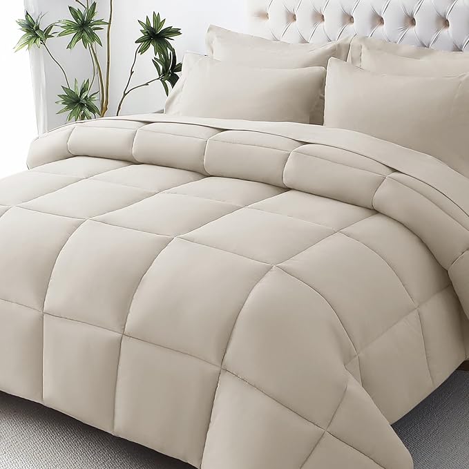 JOLLYVOGUE Queen Comforter Set Ultra-Soft Bed in a Bag Queen Size 7 Pieces Oeko-TEX Certified Bedding Set with Down Alternative Comforter Sheets Pillowcases &amp Shams Oatmeal