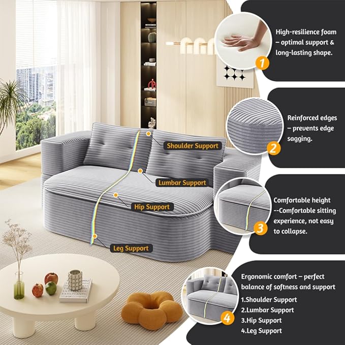 78.7 Convertible Sofa Bed 2-in-1 Folding Floor Couch with 2 Pillows and Blanket Plush Corduroy Fabric Sleeper Sofa for Living Room and Bedroom No Assembly Required (Light Grey)