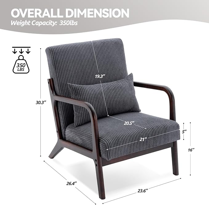 Accent Chair Mid Century Modern Chair Living Room Chairs with Pillow Upholstered Lounge Arm Chair Reading Chair with Solid Wood Frame &amp Corduroy Fabrics for Living Room Bedroom
