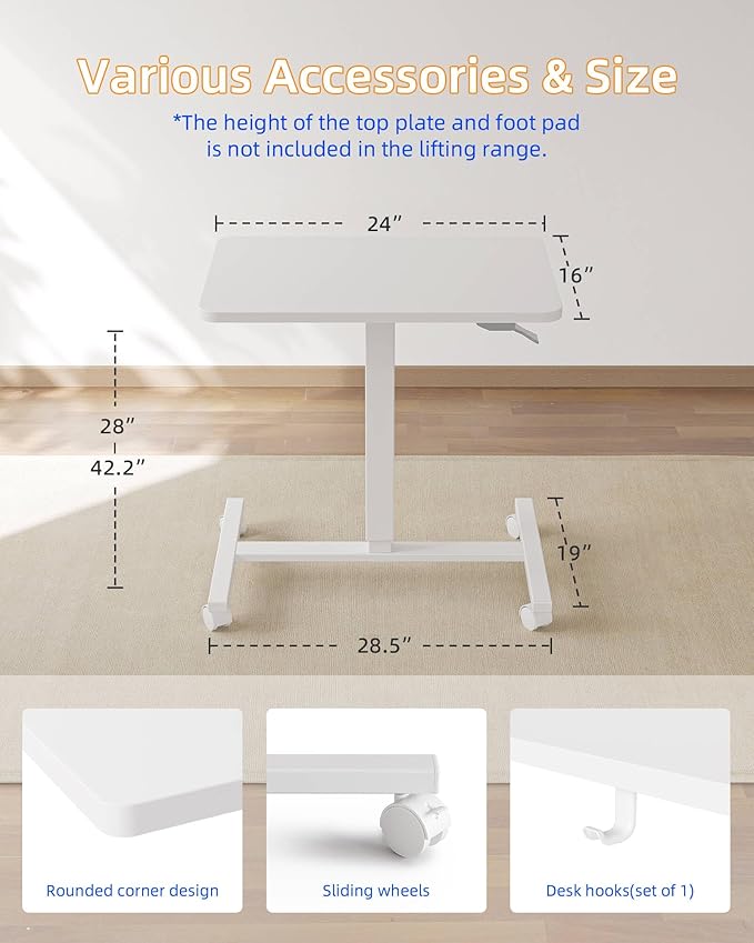 YIHAYO Mobile Small Standing Desk 24 x 16 Inches Adjustable Height Portable Rolling Laptop Desk with Lockable Wheels Computer Workstation for Home Office with Hook White