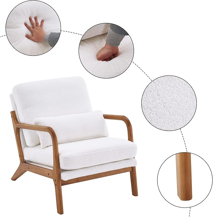 Mid-Century Armchair with Solid Wood FrameLiving Room Chair with Extra-Thick Padded Backrest and Seat CushionSingle Sofa Chairs with Non-Slip Feet105° Slop BackTeddy Accent Chair for ClubOffice