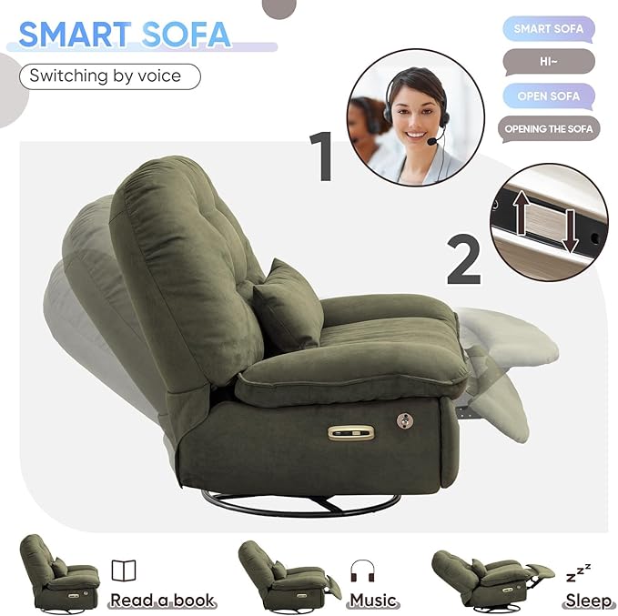 Smart Oversized Electric Recliner Chair 360° Round Swivel Rocking Glider Rocker for Adults Modern Comfy Ergonomic Chaise Lounge Indoor Theater Seating Living Room Reading Emerald Green Fabric