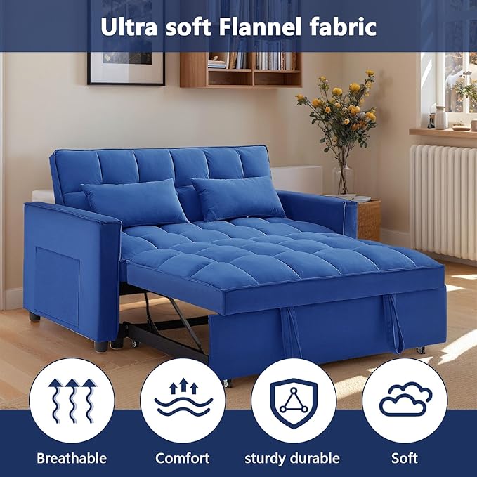 54 Convertible Sofa Bed Velvet Sleeper Sofa with Pull-Out Bed 3-in-1 Futon Couch with Reclining Backrest and Side Pocket Modern Loveseat for Living Room (Dark Blue)
