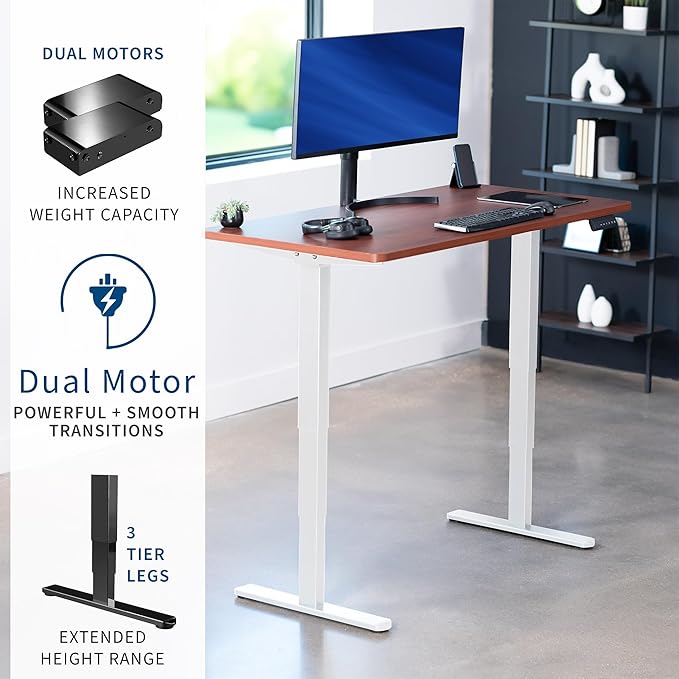 VIVO Electric 55 x 28 in Dual Motor Sit Stand Desk Memory Height Adjustment 2B Series Dark Walnut Top White Frame DESK-KIT-2W55D