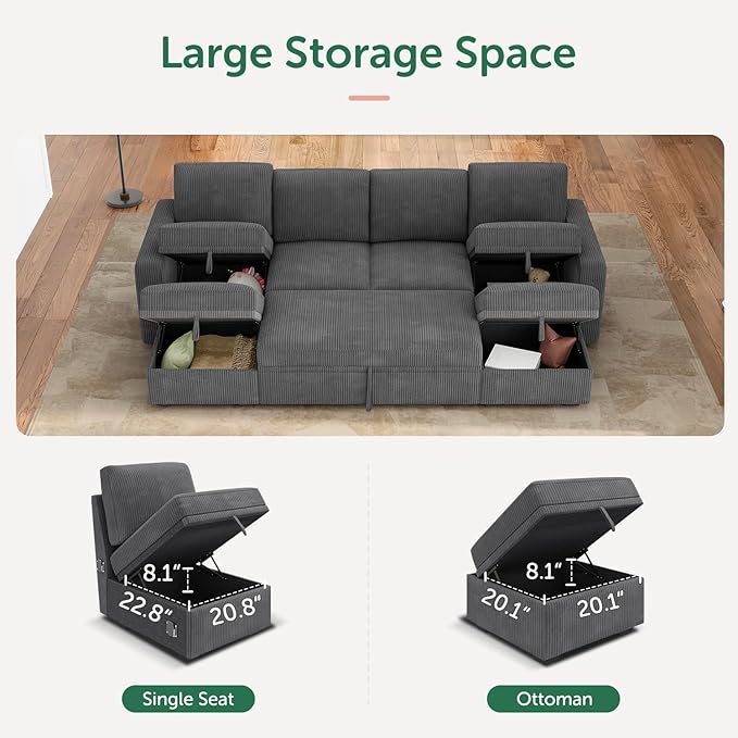 HONBAY Modular Sectional Sleeper Sofa Bed Corduroy Pull Out Couch with Storage Ottoman U Shaped Sectional Couches for Living Room Dark Grey