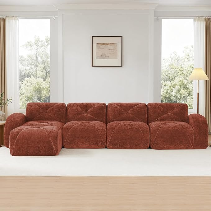Red L-Shaped Sectional Couches for Living Room Velvet Fabric Boneless Couch No Assembly Cloud Modular Sectional Sofa with 1 Ottoman Foam Couch Compressed Sofa Set for Apartment Sofas para Sala
