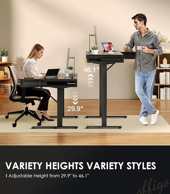 OffiGo 55 Inch L Shaped Electric Standing Desk with Drawers Height Adjustable Large Desk with Power Outlets Sit Stand Table Writing Computer Desk for Home Office Workstation Black