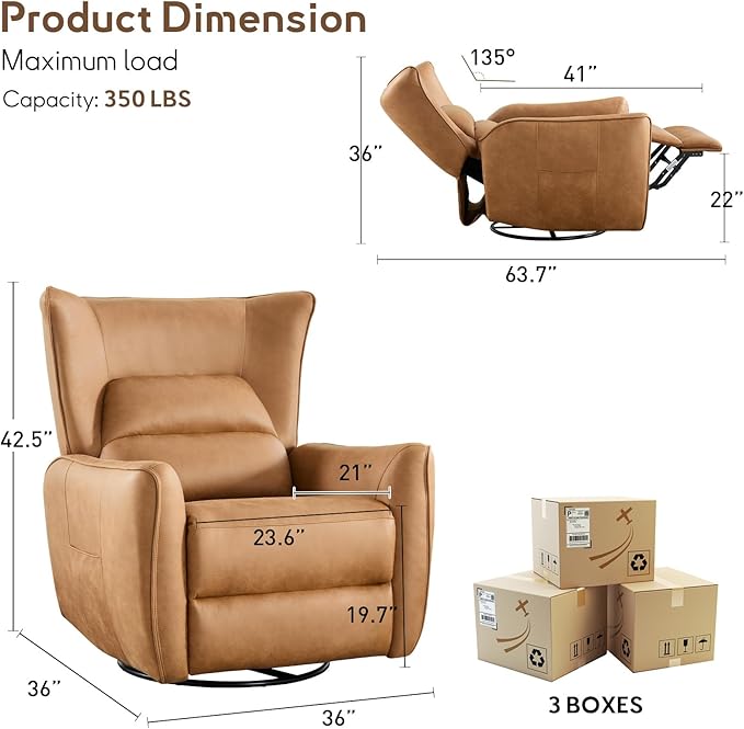 Bonzy Home 270° Swivel Power Recliner Chair 30° Rocking Chair with Lumber Cushion and Highly Enveloping Backrest Electric Reclining Home Theater Seat for Nursery Bedroom Living Room Brown