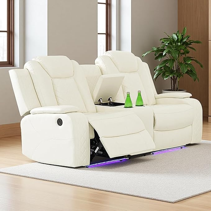 White Leather Power Recliner Loveseat with LED Lights Home Theater Reclining Sofa Loveseat Luxury 2 Seater Reclining Couch with Cup Holders/Storage for Living Room/Bedroom/Office Warm White