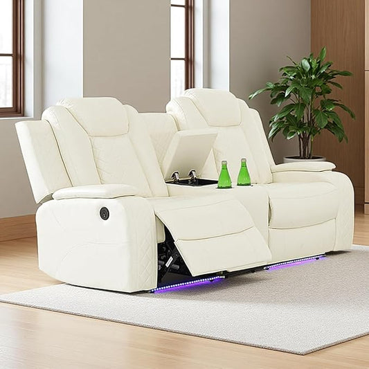 White Leather Power Recliner Loveseat with LED Lights Home Theater Reclining Sofa Loveseat Luxury 2 Seater Reclining Couch with Cup Holders/Storage for Living Room/Bedroom/Office Warm White