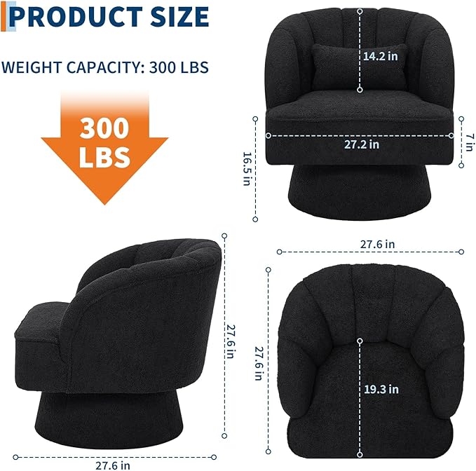Mid Century Modern Swivel Barrel Chair - 360° Swivel Accent Chair with Plush Teddy Fleece Upholstery &amp Wide Cushioned Seat Round Lounge Sofa Chair for Living Room Bedroom Office (Black 1 PCS)