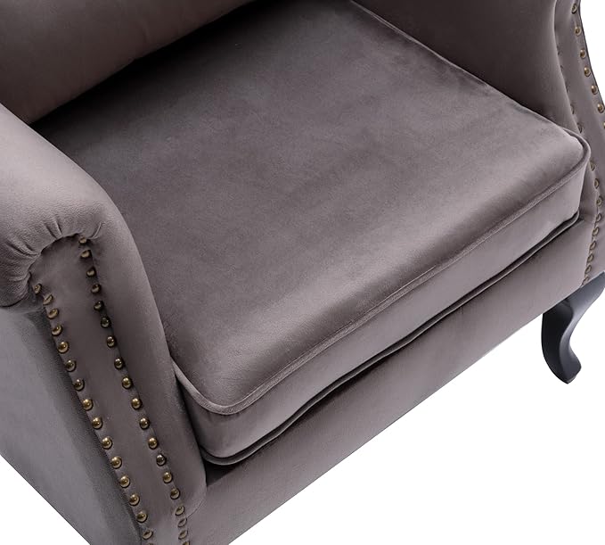 Mid Century Modern Accent Chair Upholstered Armchair Comfy Velvet Fabric Single Sofa with Tufted Wingback for Small Spaces Bedroom Living Room Grey