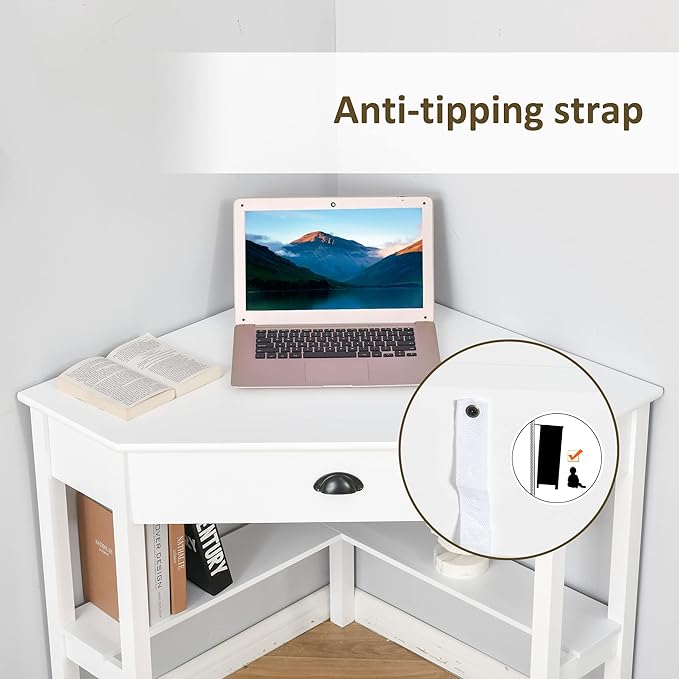 Corner Desk Triangle Computer Desk with Drawer and Storage Shelves for Small Spaces Home Office Workstation for Living Room or Bedroom White