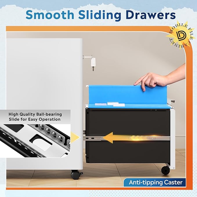 DEVAISE 2 Drawer File Cabinet Metal Locking File Cabinet Under Desk Rolling Filing Cabinet for Home Office Organizer Letters/Legal/A4 Easy Assembly White