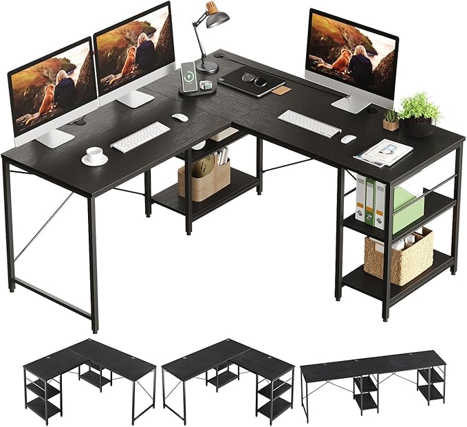 Bestier 95.2” L Shaped Desk Reversible Corner Computer Desk or 2 Person Long Table with Adjustable Shelves Large Writing Study Workstation with 3 Cable Holes - Black