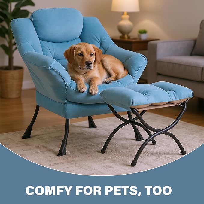 Tiita Lazy Chair with Ottoman Blue Chiars Modern Large Accent Armchair Comfy Leisure Sofa Reading Chair with Footrest for Bedroom Living Room Dorm Rooms Garden Velvet Light Blue