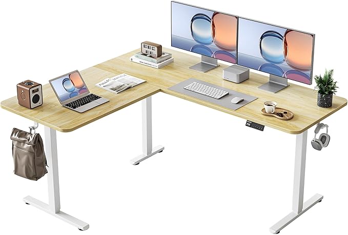 YIHAYO L Shaped Standing Desk Adjustable Height 63 x 55 Inches Electric Corner Standing Desk with Splice Board Computer Desk for Home Office Natural