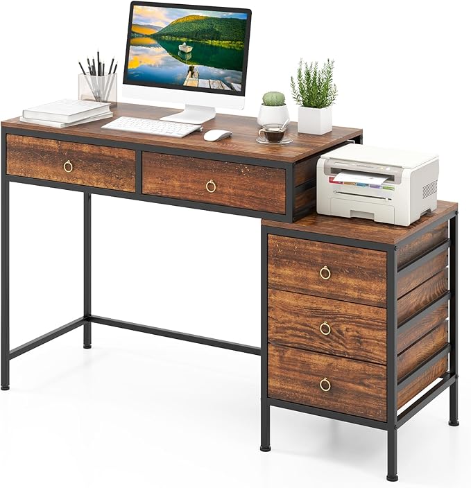 Tangkula Computer Desk with 5 Drawers 51 Home Office Desk with Printer Stand Metal Frame Study Writing Table Industrial Computer Workstation PC Desk for Bedroom Office Small Space Rustic Brown