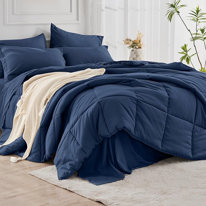 JOLLYVOGUE Full Comforter Set Ultra-Soft Bed in a Bag Full Size 7 Pieces Oeko-TEX Certified Bedding Set with Down Alternative Comforter Sheets Pillowcases &amp Shams Navy