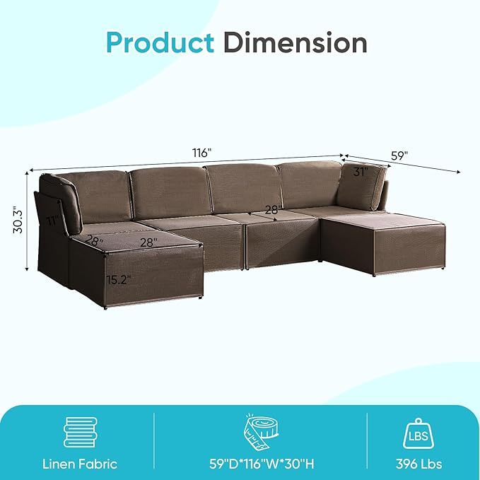 CECER Modular Sectional Sofa U Shaped Convertible Couch Sofa with Reversible Chaises Queen Sleeper Sofa Modular Oversized Sofa Couches for Living Room (Brown)