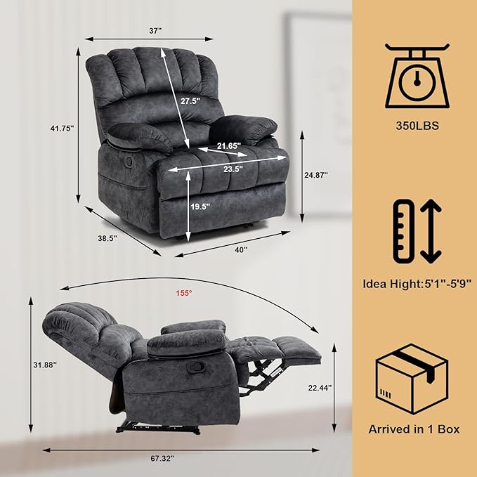 Large Lazy Recliner Chair for Adult Comfortable Manual Single Recliner Sofa Oversized Reclining Chair Upholstered Soft Fabric Living Room Recliner Sofa Chair for Living Room Bedroom (Dark Gray)