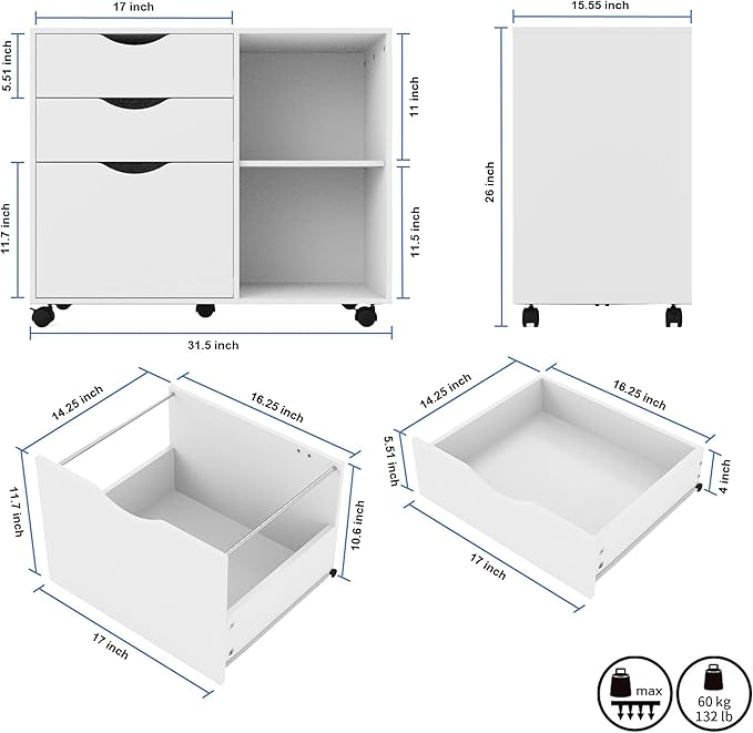 QDSSDECO 3-Drawer with Shelf Wood File Cabinet Mobile Lateral Filing Cabinet with Rolling Wheel Printer Stand and Open Adjustable Storage Shelves for Home Office White