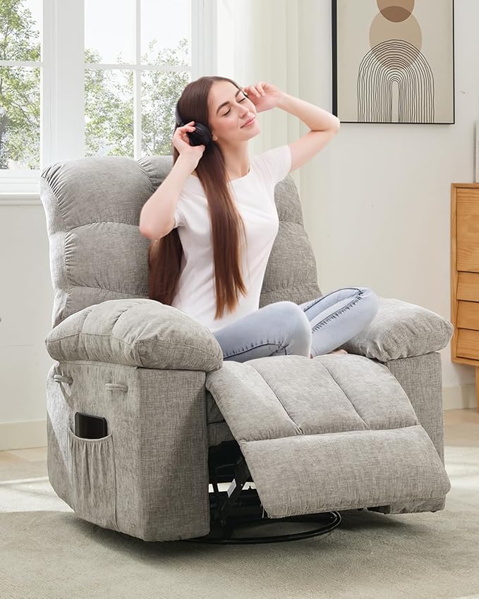 Rocker Swivel Recliner Chair for Adults - Overstuffed Comfy Soft Fabric Manual Recliner Glider Nursery Rocking Sofa Chair for Living Room(Light Gray)