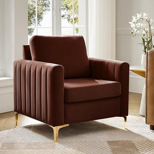 Modern Upholstered Velvet Accent Chair Velvet Armchair Club Chair with Gold Metal Legs Mid-Century Barrel Leisure Comfy Reading Chair for Livingroom Bedroom Burn Brick