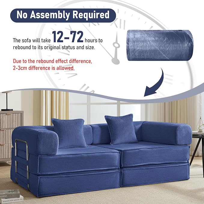 78 Convertible Sleeper Sofa Bed Modular Corduroy Couch with 2 Pillows Compressed Floor Sofa for Living Room Bedroom (Blue)