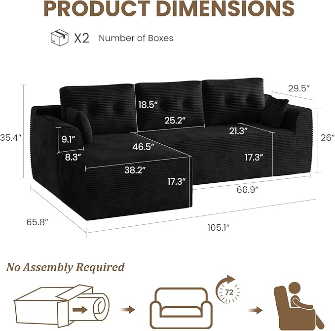 105'' Cloud Couch Sectional Boneless Modular Sectional Sofa with l Shaped Chaise for Living Room No Assembly Required Sofa Bed with Deep Deat