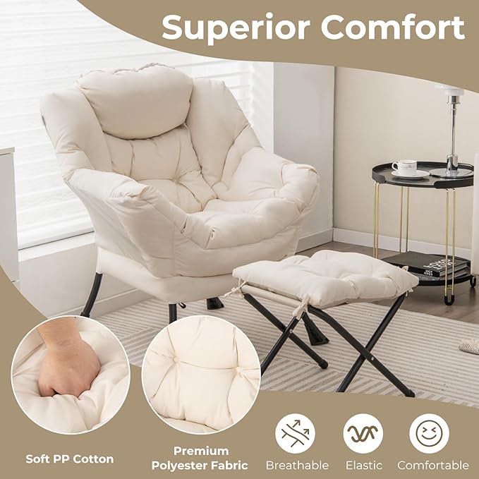 KOMFOTT Lazy Chair with Ottoman Set of 2 Leisure Upholstered Reading Sofa Chair with Armrests &amp Side Pocket Modern Lounge Accent Chair with Folding Footrest for Living Room Bedroom Balcony Be