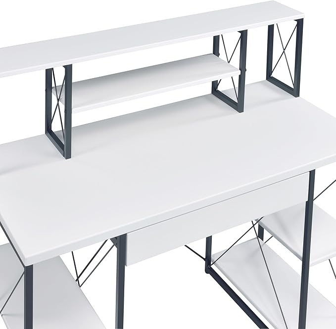 White and Black Office Desk with Open Shelves