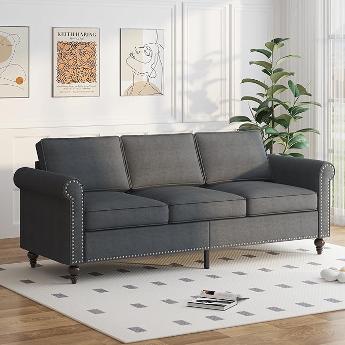 Sofa Couch 3 Seat Couches for Living Room 3 Sofa Seat for Small Spaces Mid Century Modern Couch with Armrest and Backrest Soft Cushion Sofa for Home/Office/Apartment - Dark Grey