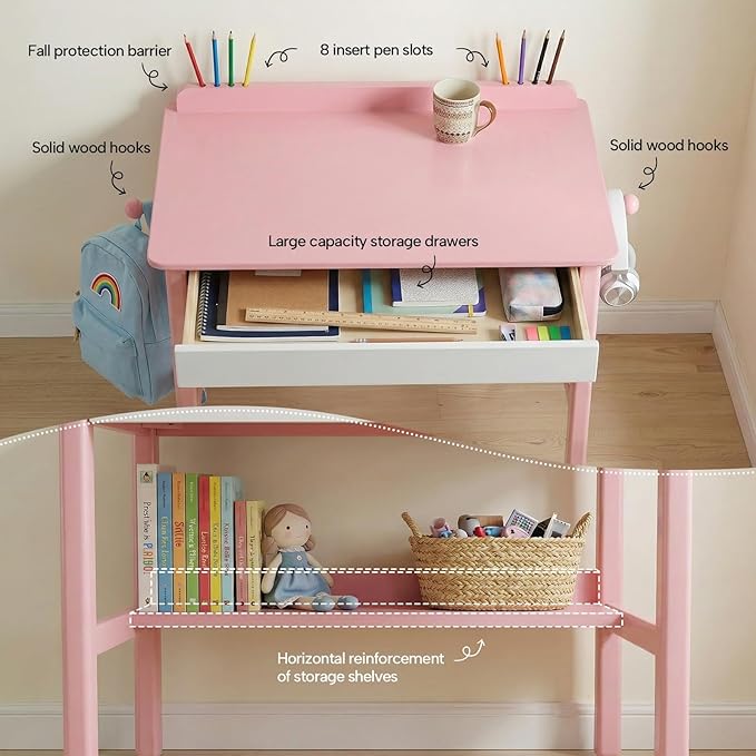 Solid Wood Study Desk &amp Home Office Writing Table with Drawers 31 Vintage Mid Century Modern Computer Desk Home Office Workstation for Bedroom Small Spaces Apartment(Pink31.5 Inch Wide)