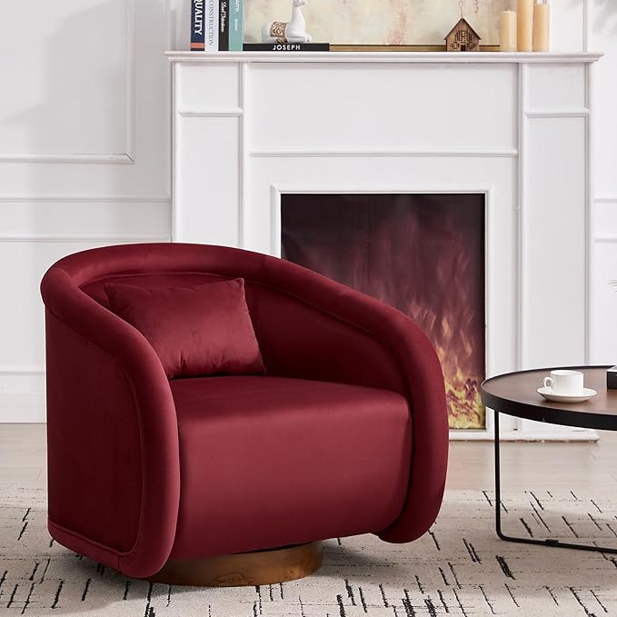 Swivel Accent Chair 360-Degree Rotating Barrel Chair with Soft Velvet Upholstery Comfy Pumpkin-Shaped Lounge Chair for Living Room Bedroom Office (Wine Red)