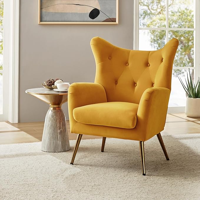 HULALA HOME Velvet Accent Chair Modern Wingback Arm Chair with Metal Gold Legs Velvet Tufted Upholstered Single Sofa Chair for Living Room Bedroom (Mustard)