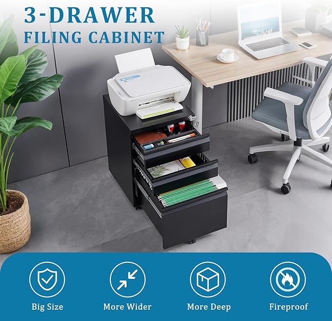 3 Drawer Mobile File Cabinet Under Desk Office with Lock Metal Filing Cabinet to be Installation Required Under Desk Metal Filing Cabinets Legal/Letter/A4 File (Black)