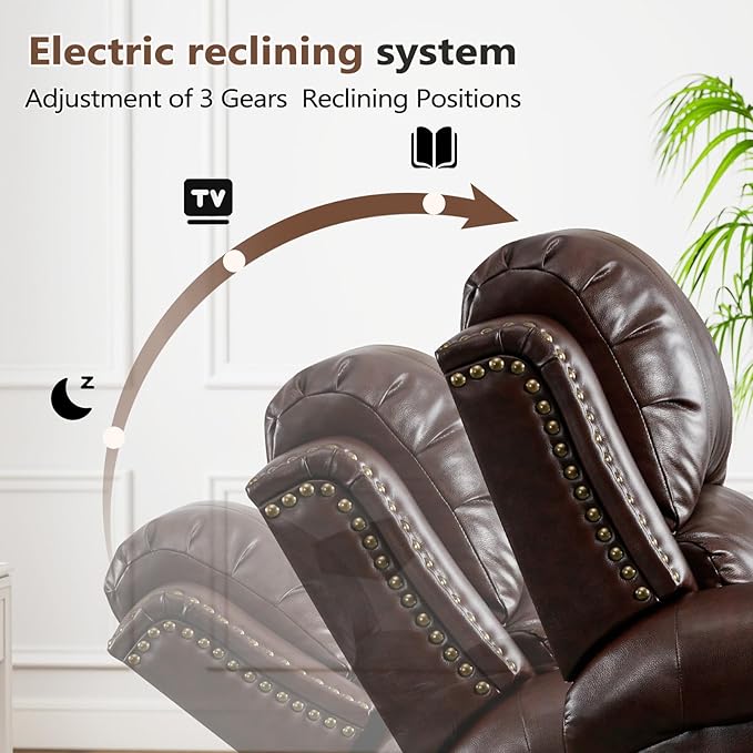 ANJ Large Power Recliner Chair with Heat and Massage Faux Leather Electric Overstuffed Wide Recliners for Living Room Classic Single Seat Sofa with Brass Rivets USB Port (Brown)