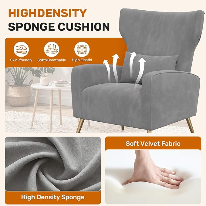 Gary Velvet Accent Chair Set of 2 Wingback Chair for Living Room High Back Arm Chair with Golden Legs Lumbar Pillow Upholstered Single Sofa Bedroom