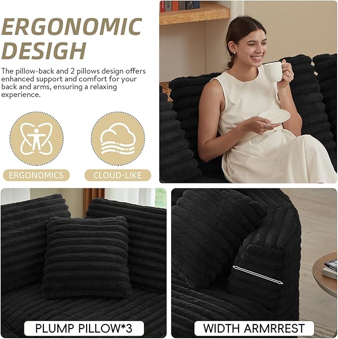 121 Cloud Sectional CouchOversized Corduroy Couches with L-Shape ChaiseModern Modular Sofa with Deep SeatUpholstered Boneless Couch for Living Room (Black Left Facing Chaise)