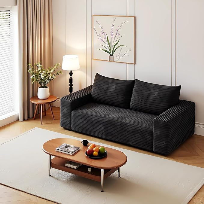 63 Cloud Loveseat Boneless Sofa Couch in a Box 2 Seater Foam Compression Couches Modern Living Room Floor Sofa Couch Corduroy Small Love Seat No Assembly Required Black