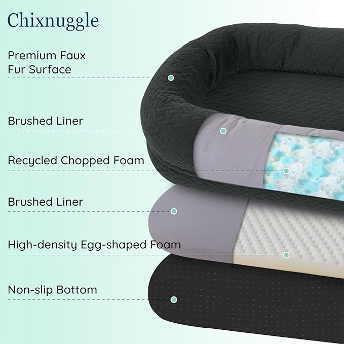 Human Dog Bed for Adult - Luxury Faux Fur Giant Size Dog Bed with Portable Handle Egg Orthopedic Foam with Blanket 72x40x10 Dark Grey