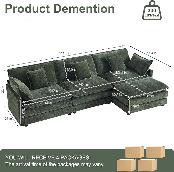 111.5 L Shaped Couch with Ottoman Chenille Cloud Sectional Sofas Modern Modular Sectional Sofa Deep 4 Seat Couches for Living Room Apartment Office Green