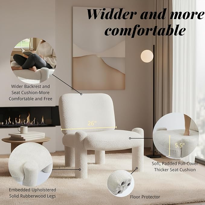 HNY Modern Accent Living Room Chair Beige Boucle Reading Chair Armless Lounge Chair Comfy Barrel Chair Sherpa Cloud Chair with Wood Frame for Living Room Small Spaces Bedroom Apartment